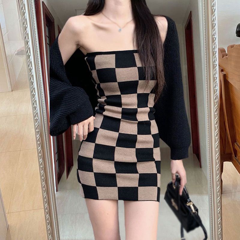 Đầm Dệt Kim Kẻ Sọc Caro Phong Cách Hàn Quốc Quyến Rũ Cho Nữ