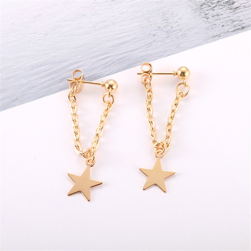 Ngôi sao Bông tai Tua tinh tế Vàng 14K Chuỗi ngắn Lưng Treo Bông tai Bông tai Đinh tán Tính khí Tai cho Phụ nữ Đồ trang sức