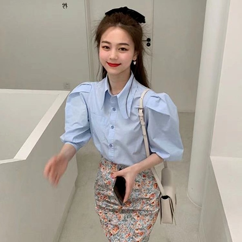 Áo Sơ Mi Ngắn Tay Cổ Búp Bê Phong Cách Cổ Điển Hàn Quốc Cho Nữ