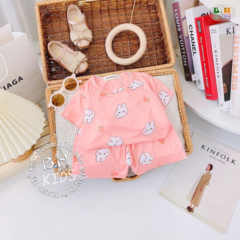 Bộ Đồ Áo Cộc Tay Minky Mom Thun Lạnh Mềm Mịn Hoạ Tiết Mặt Mèo, Thỏ Trắng, Quả Chanh Cho Bé Gái, Bé Trai - 5 Màu