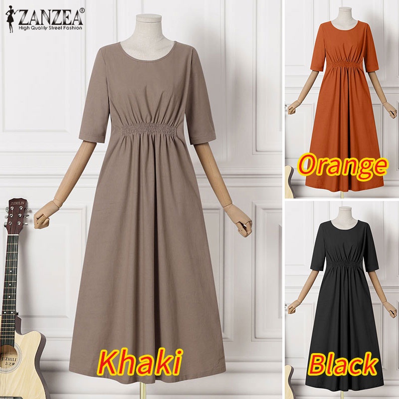 Zanzea Đầm Tay Lửng Cổ Tròn Màu Trơn Dáng Rộng Phối Túi Thời Trang Dành Cho Nữ