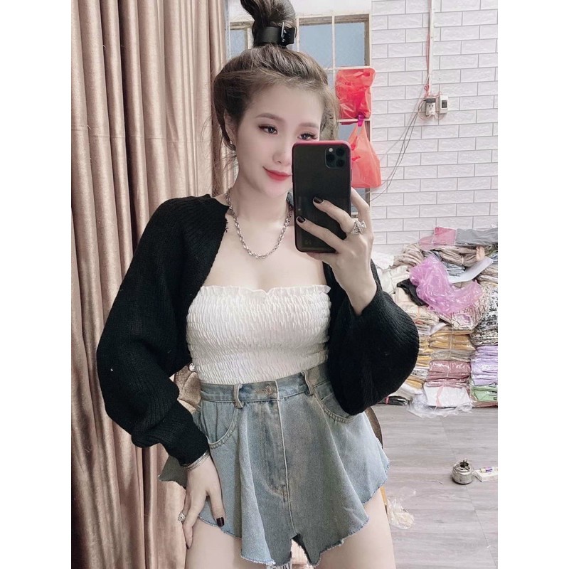 Áo khoác croptop cánh dơi tay bo phồng chất len thun cao cấp - R0/JJ5C
