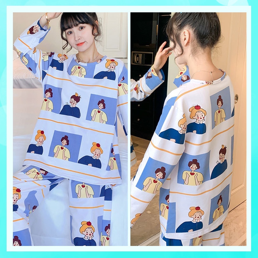 Đồ ngủ nữ mặc nhà dễ thương tay dài quần dài họa tiết hoạt hình chất cotton thun lạnh cao cấp TDD01A