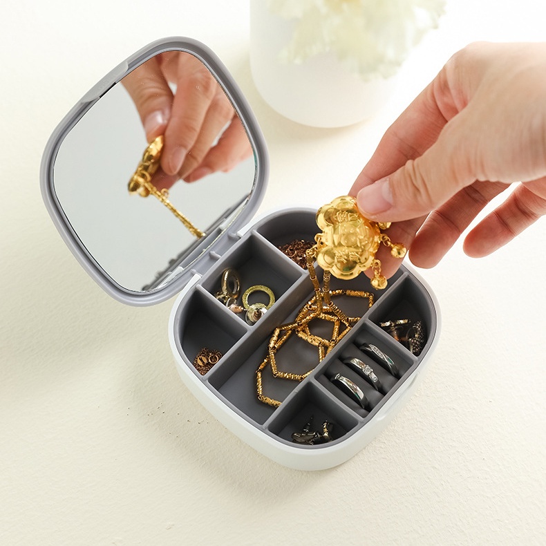 Hộp đựng đồ trang sức xách tay du lịch có gương cất bông tai vòng cổ son môi
