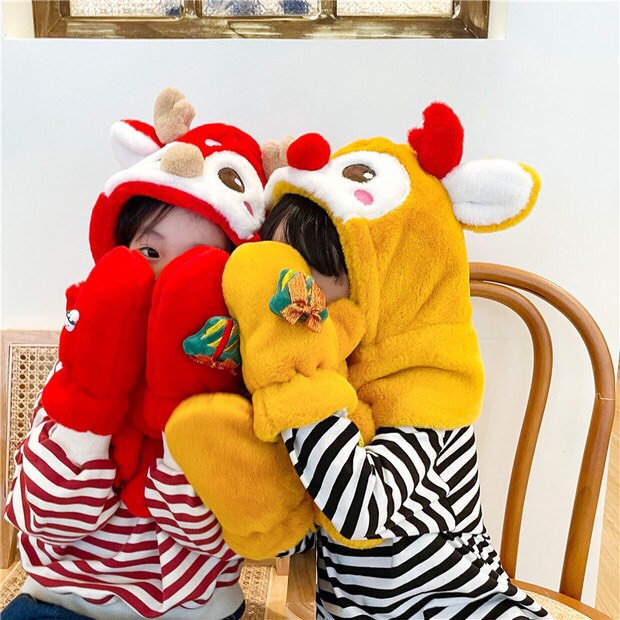 Mũ len kèm khăn choàng cổ và găng tay họa tiết giáng sinh, Quà tặng Noel cho bé