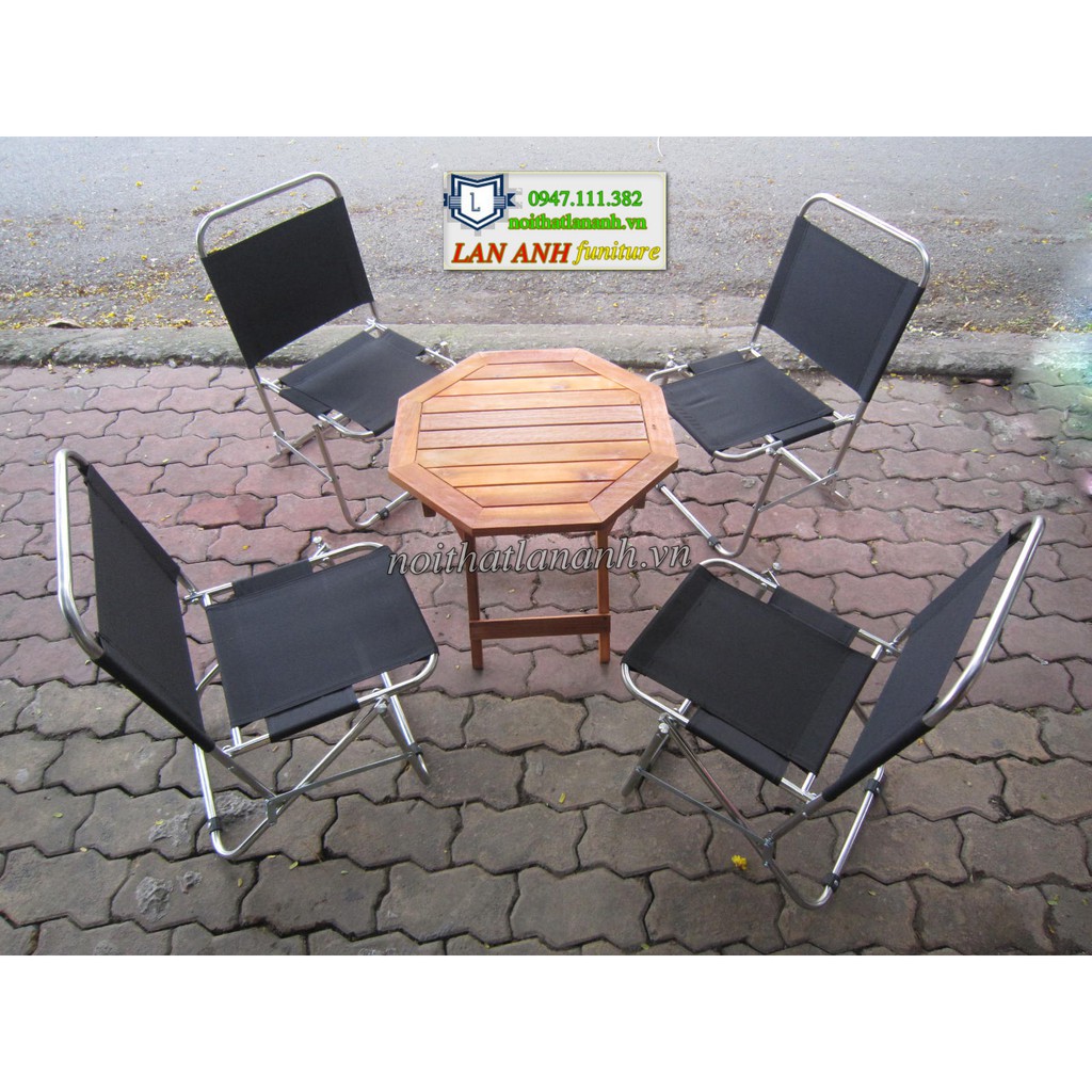 Trọn bộ bàn ghế xếp inox - 4 ghế inox lưng thấp và 1 bàn gỗ xếp