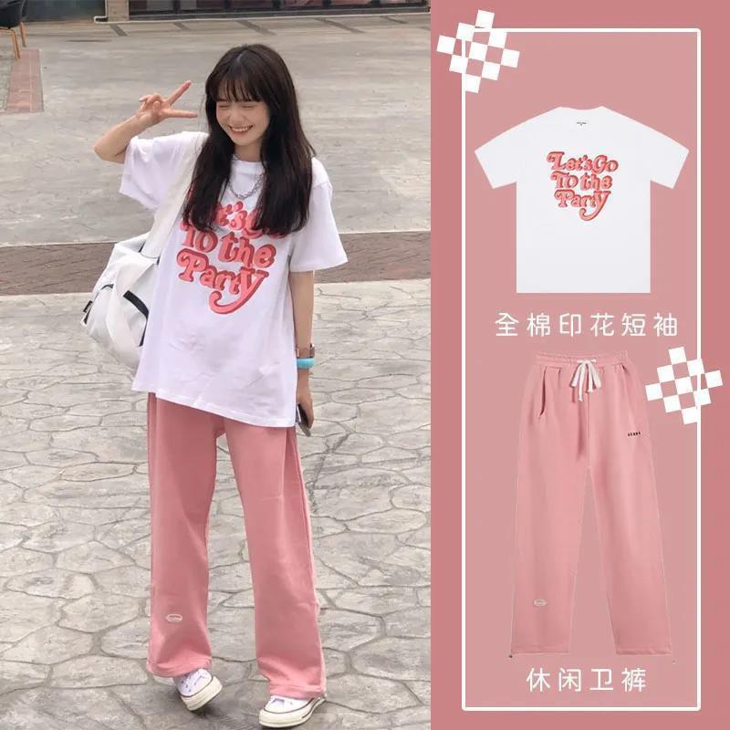 Set áo thun hồng + quần dài phong cách Hàn Quốc cho bé gái
