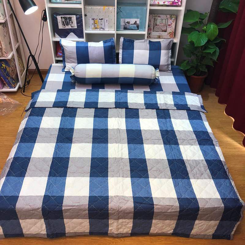 Sét Chăn Ga Gối 5 Món Cotton Poly Emmidecor Mẫu Kẻ Bao Diêm