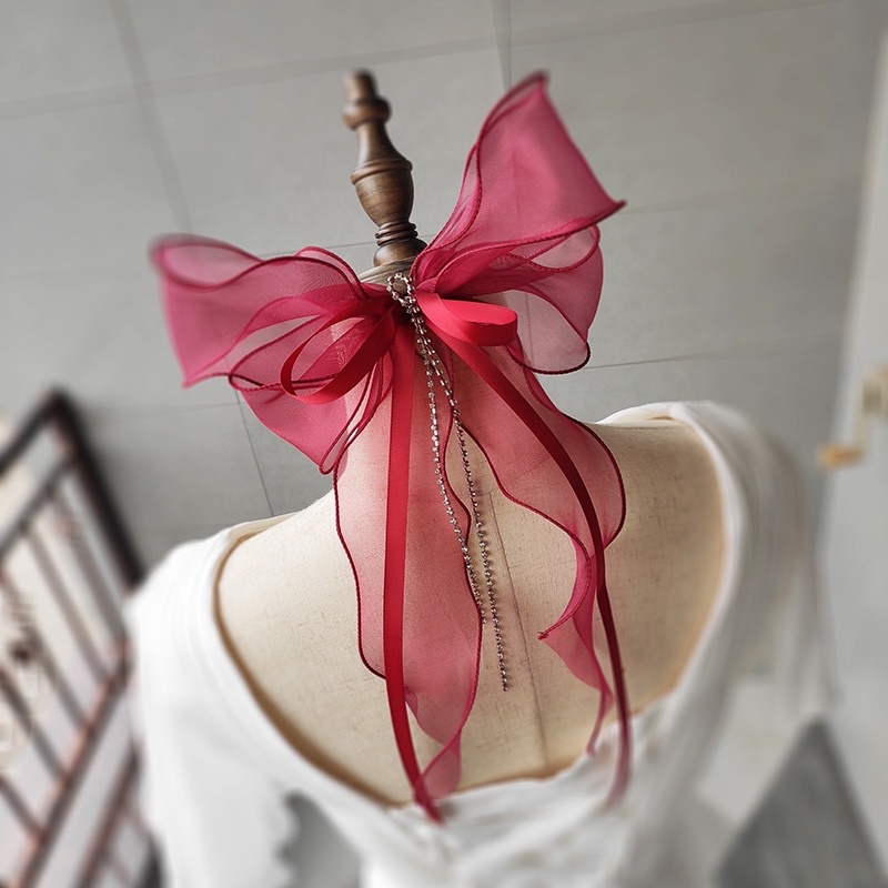 ( Có sẵn 4 màu) Kẹp tóc voan bèo nơ lụa phối dây đá dài GA-90