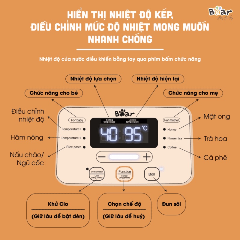 Máy Hâm Sữa Đun Nước Bear Đa Năng Thông Minh Khử Clo Pha Sữa An Toàn Cho Bé - D12D1