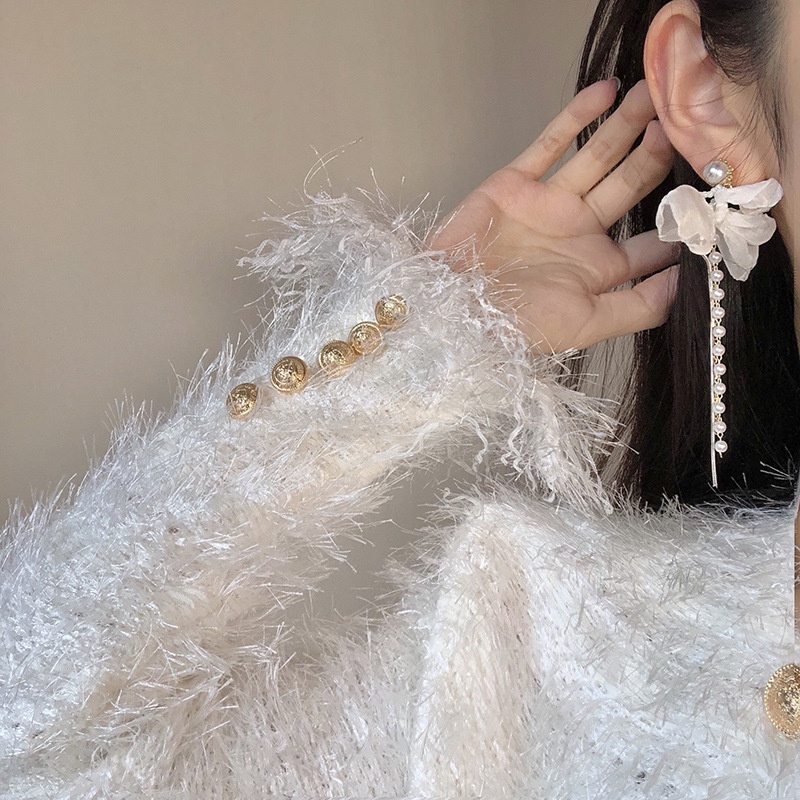 Khuyên Tai Bạc S925 2022 Đính Nơ Tua Rua Và Hạt Ngọc Trai Hợp Thời Trang