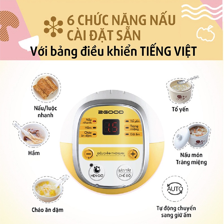 Nồi Nấu Chậm 0,8L Bear Chính Hãng, Nấu Cháo, Hầm, Hấp, Chưng Yến Bản Quốc Tế Bảo Hành 18 Tháng - SUBE001
