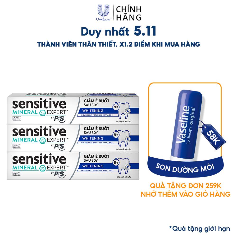 Bộ 3 Hộp Kem đánh răng P/S giảm ê buốt sau 30 giây Sensitive Mineral Expert Whitening với tác động từ khoáng 100g