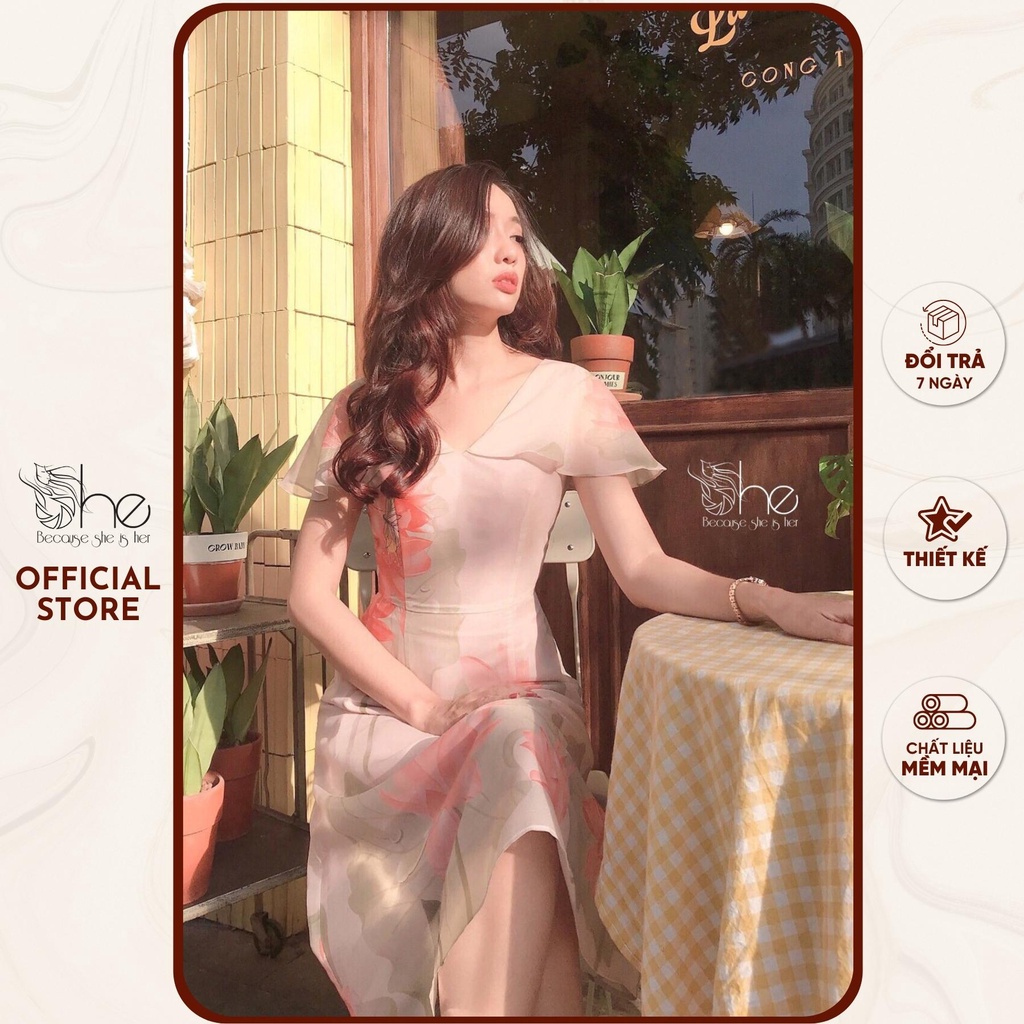 Đầm nữ hoạ tiết tơ sen siêu đẹp She, váy hoa tiểu thư voan tơ dự tiệc SDX140