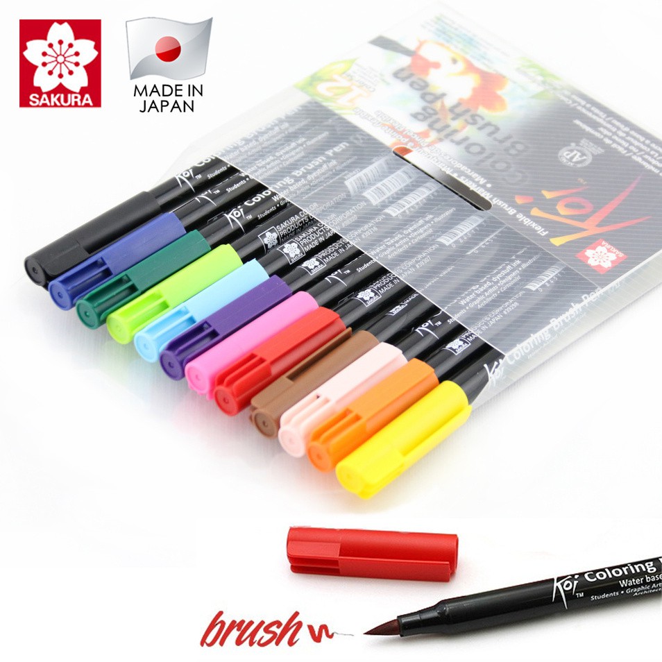 [DA ĐEN] [RẺ NHẤT] Bút Cọ Gốc Nước SAKURA Koi Brush Pens 12/24/48 màu