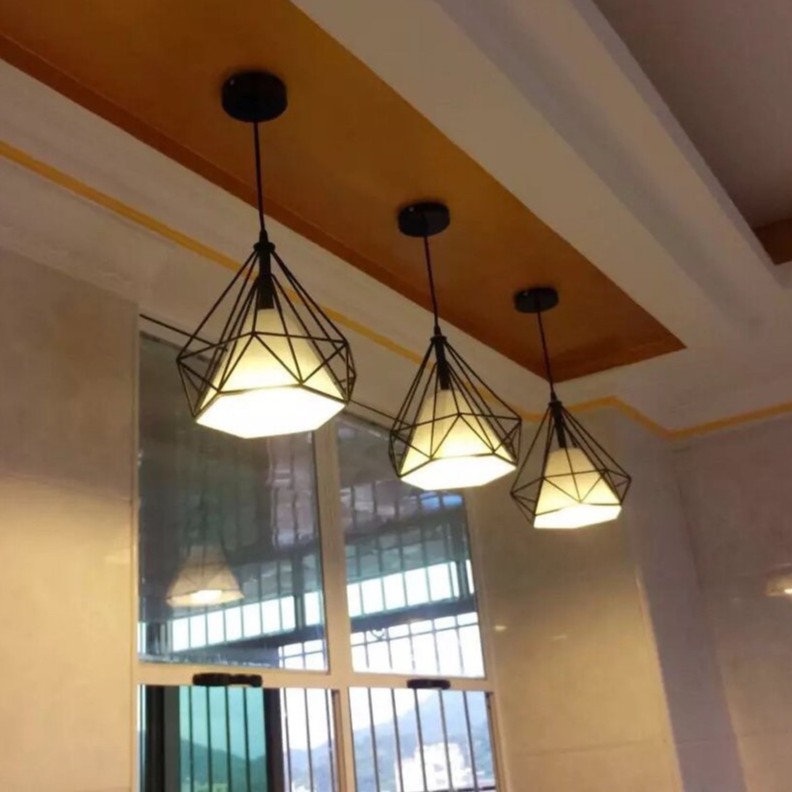 Đèn thả trang trí kim cương khung sắt, chao vải dùng bóng led cao cấp