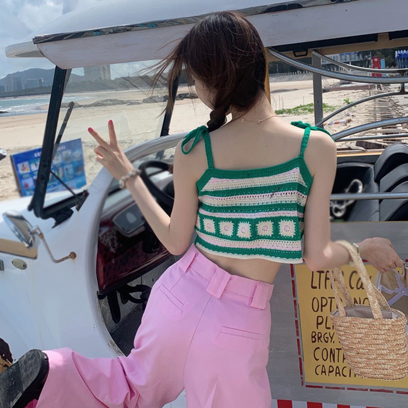 Áo Croptop Dệt Kim Không Tay In Hoa Cúc Màu Sắc Tương Phản Thời Trang Mùa Hè Cho Nữ