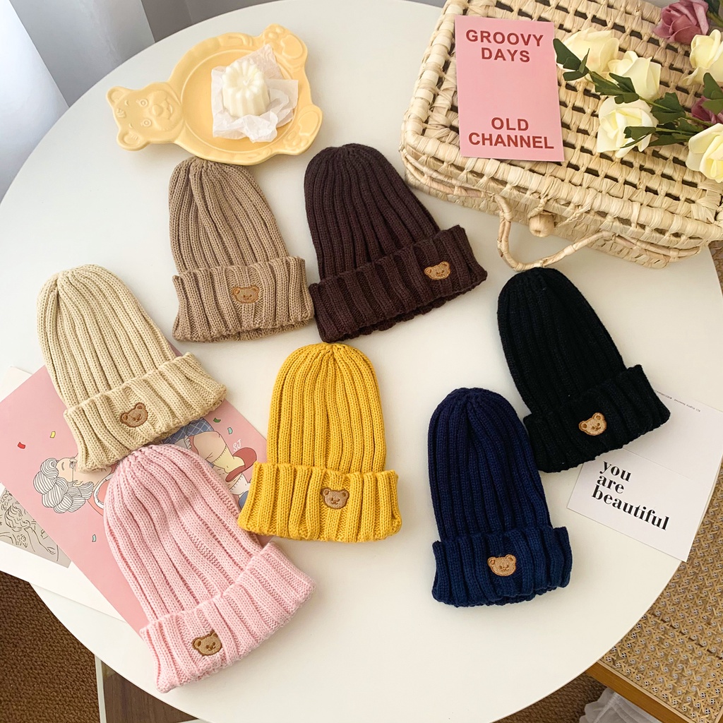 Mũ len giữ ấm thêu hình gấu màu kẹo cho bé 1-5 tuổi