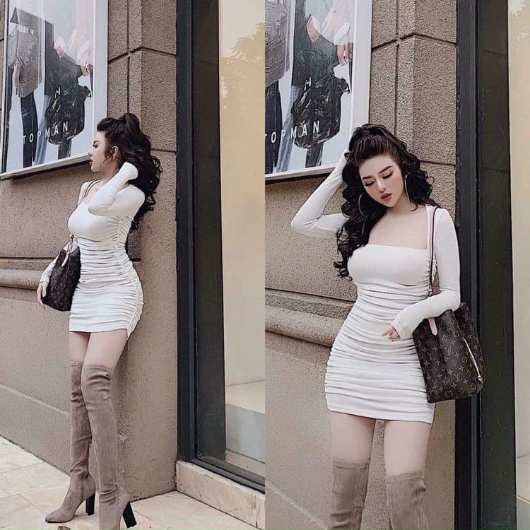 [MẪU MỚI] Đầm Body Nhún Sườn Tay Dài Cổ Chữ U Thun Borip Thích Hợp Mặc Đi Tiệc Đi Làm Đi Chơi | BigBuy360 - bigbuy360.vn