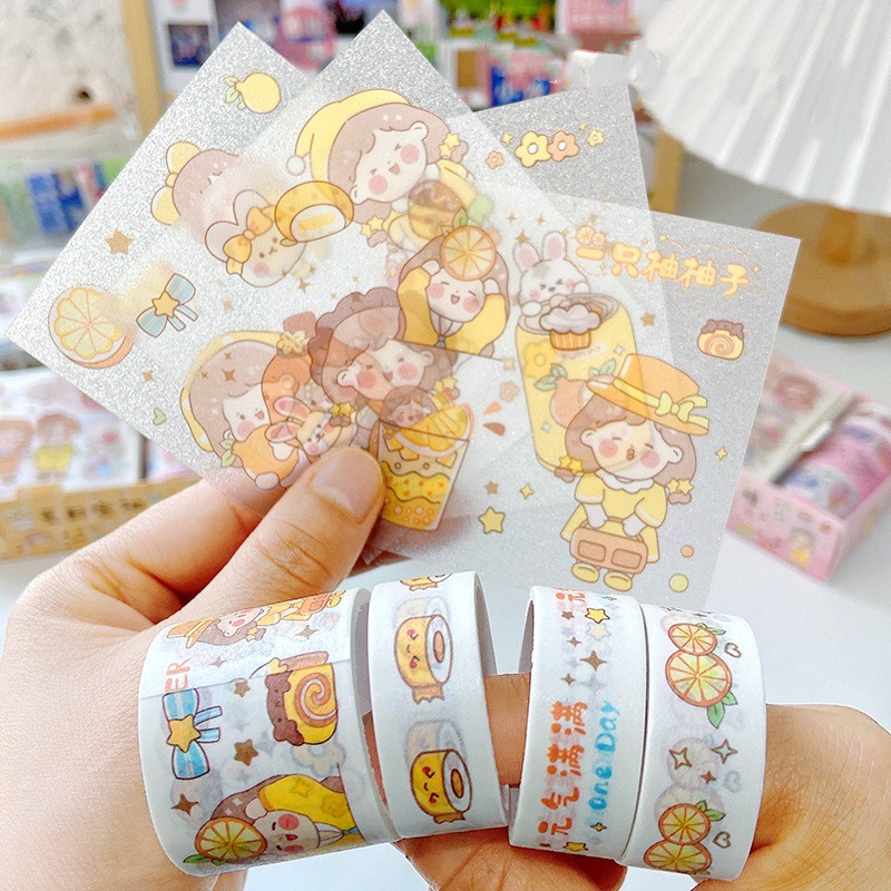 Set 8 cuộn băng dán washi RUIXIANG 01926 họa tiết hoạt hình trang trí dễ thương DIY