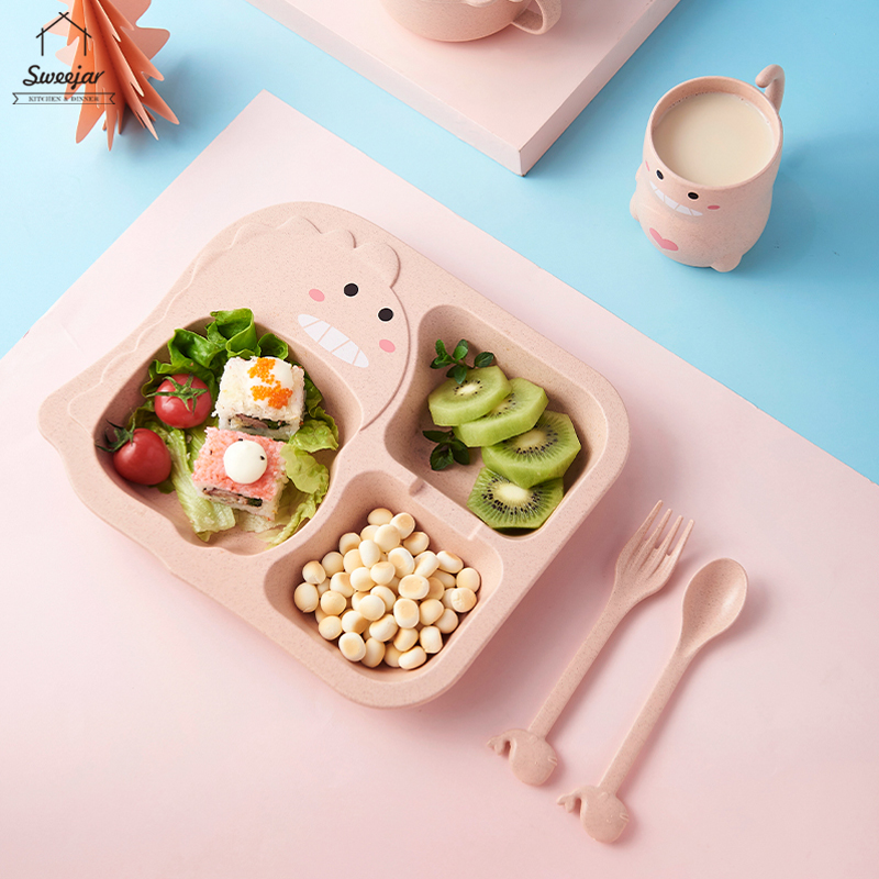 Cốc/Tô/Dĩa + muỗng + nĩa + đũa SWEEJAR chất liệu rơm lúa mì thiết kế hình khủng dễ thương cho bé