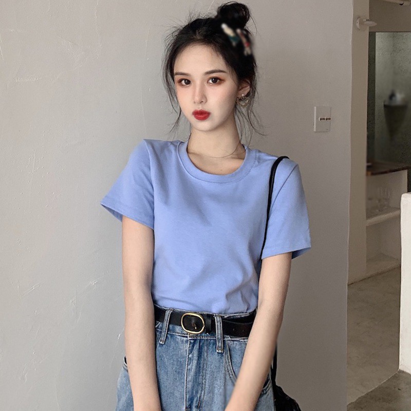 Áo Thun Ngắn Tay Màu Trơn Đơn Giản Cho Nữ