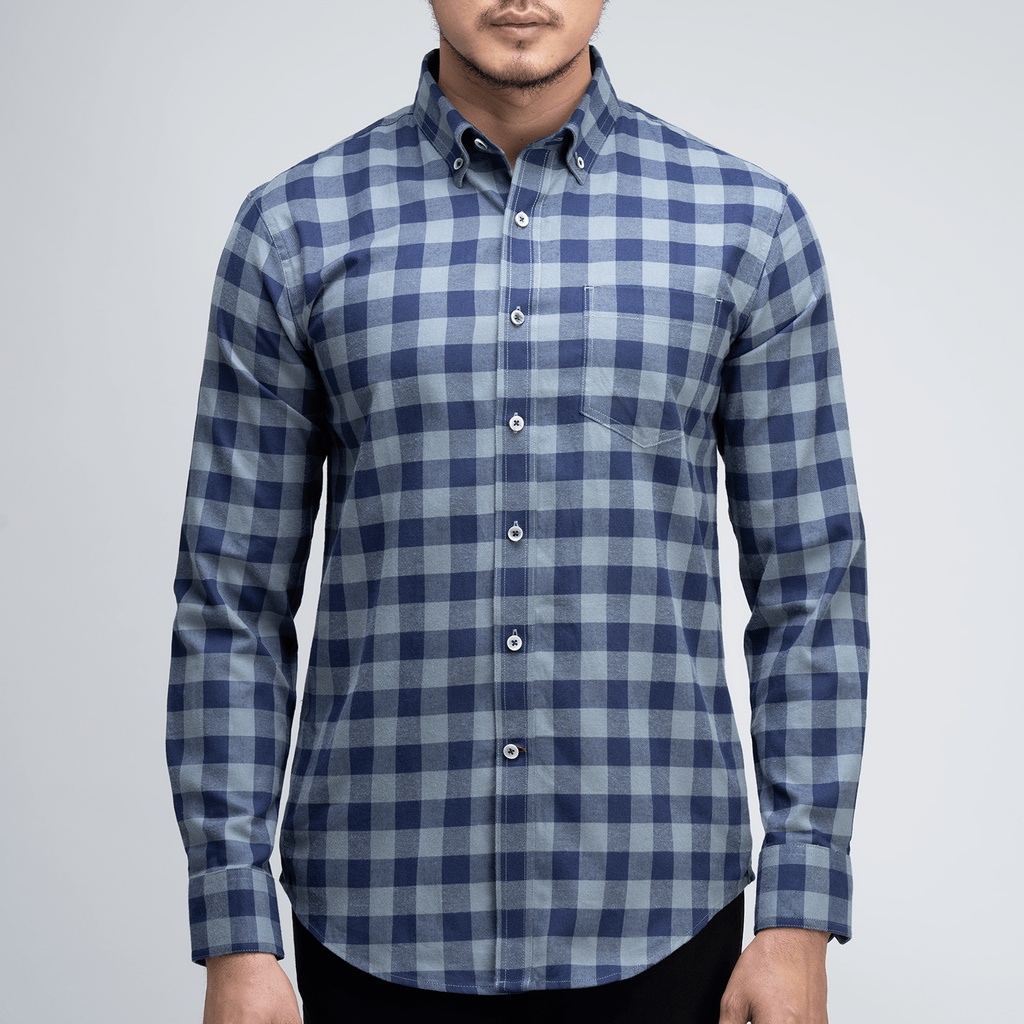 Áo somi nam tay dài THE WIND casual caro xanh xám form slimfit