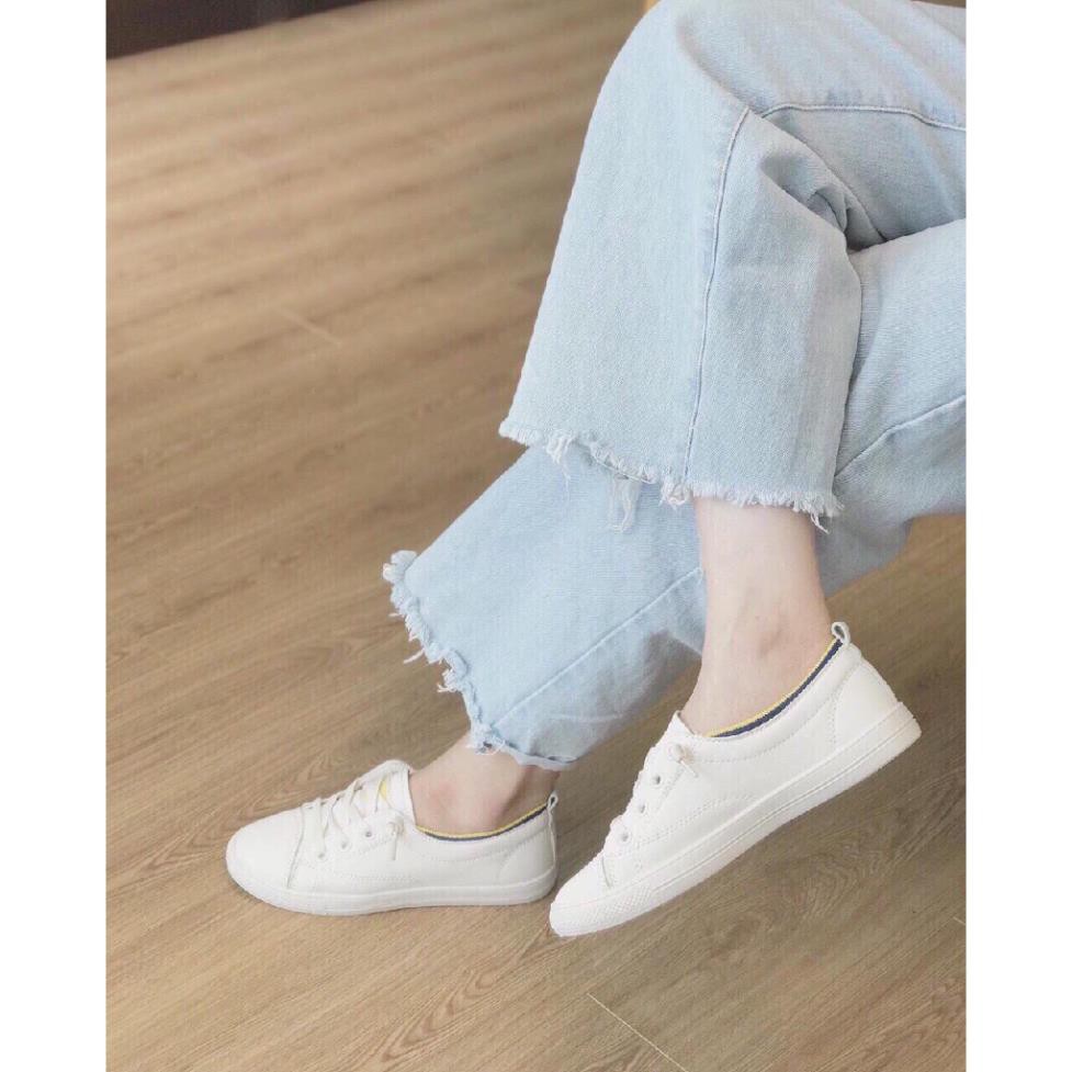 freeship Giày thể thao nữ trắng hồng viền chun 2021, Giày slip on nữ giả buộc dây chất da mềm dễ xỏ êm chân