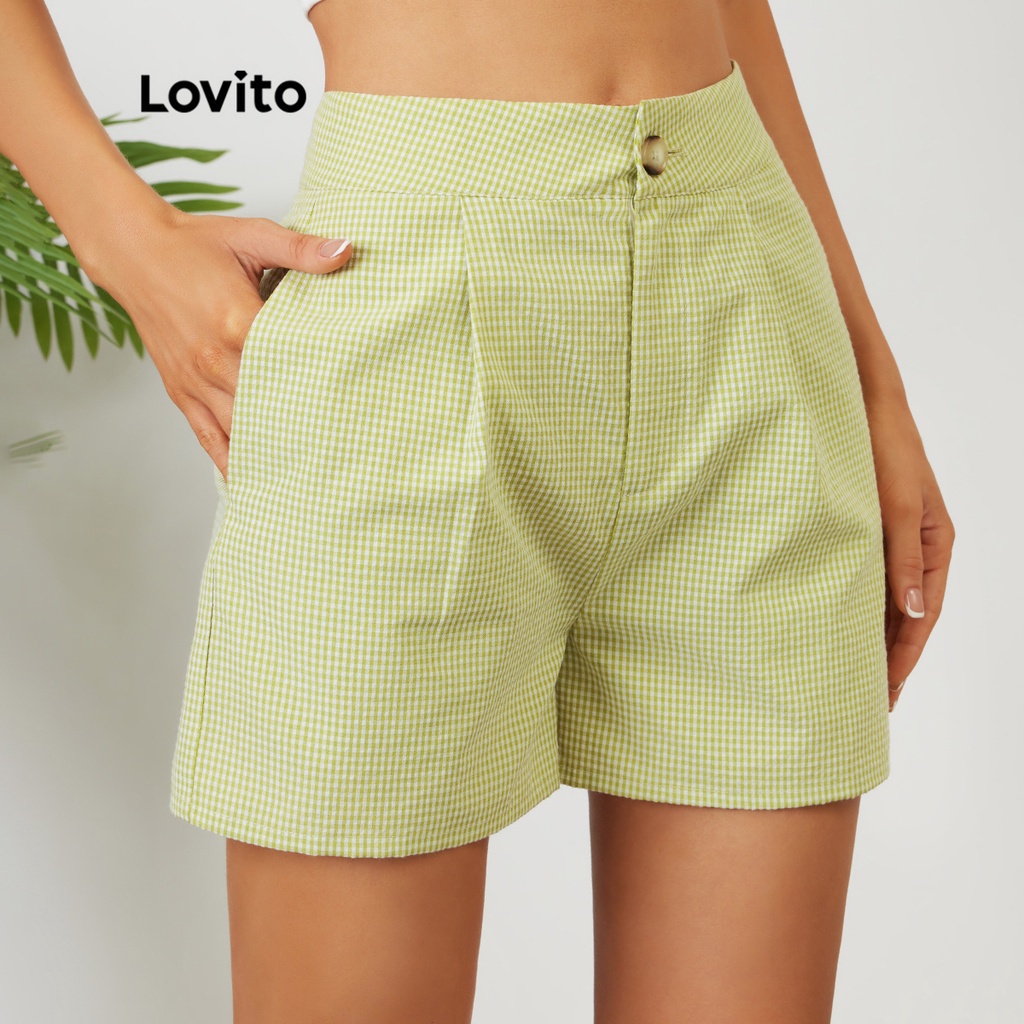 (Gợi ý từ KOL) Quần short Lovito họa tiết caro phối túi phong cách thường ngày L12D20 (Màu xanh lá)