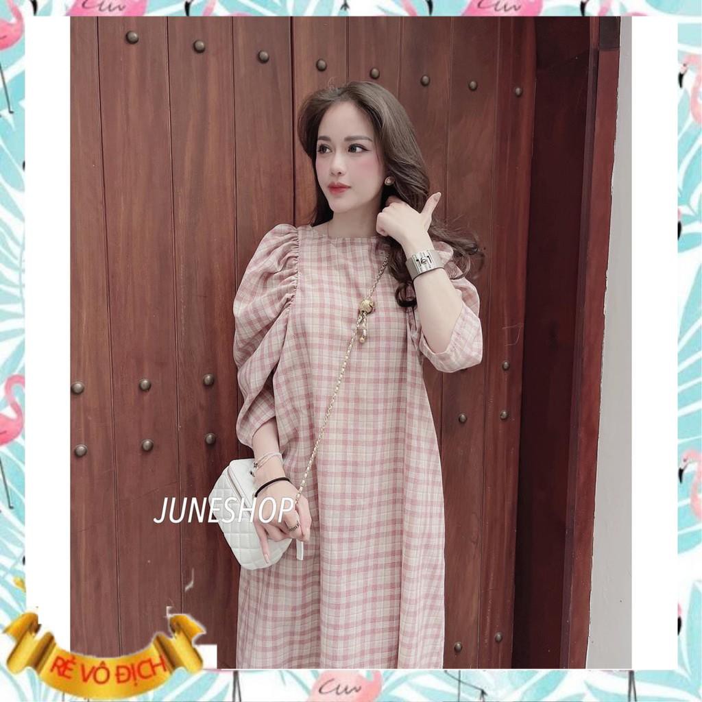 Váy bầu tay nhún 💕chất kẻ Hàn Châu siêu đẹp💕 mặc đi làm đi chơi đều được❤️free size 43~68kg