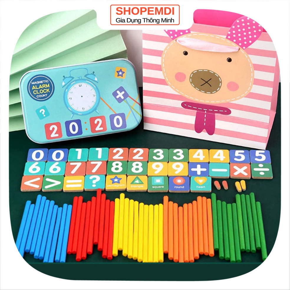Đồ chơi học toán cho bé Bộ que tính gỗ và số đồng hồ hỗ trợ học toán cho bé mầm non lớp 1