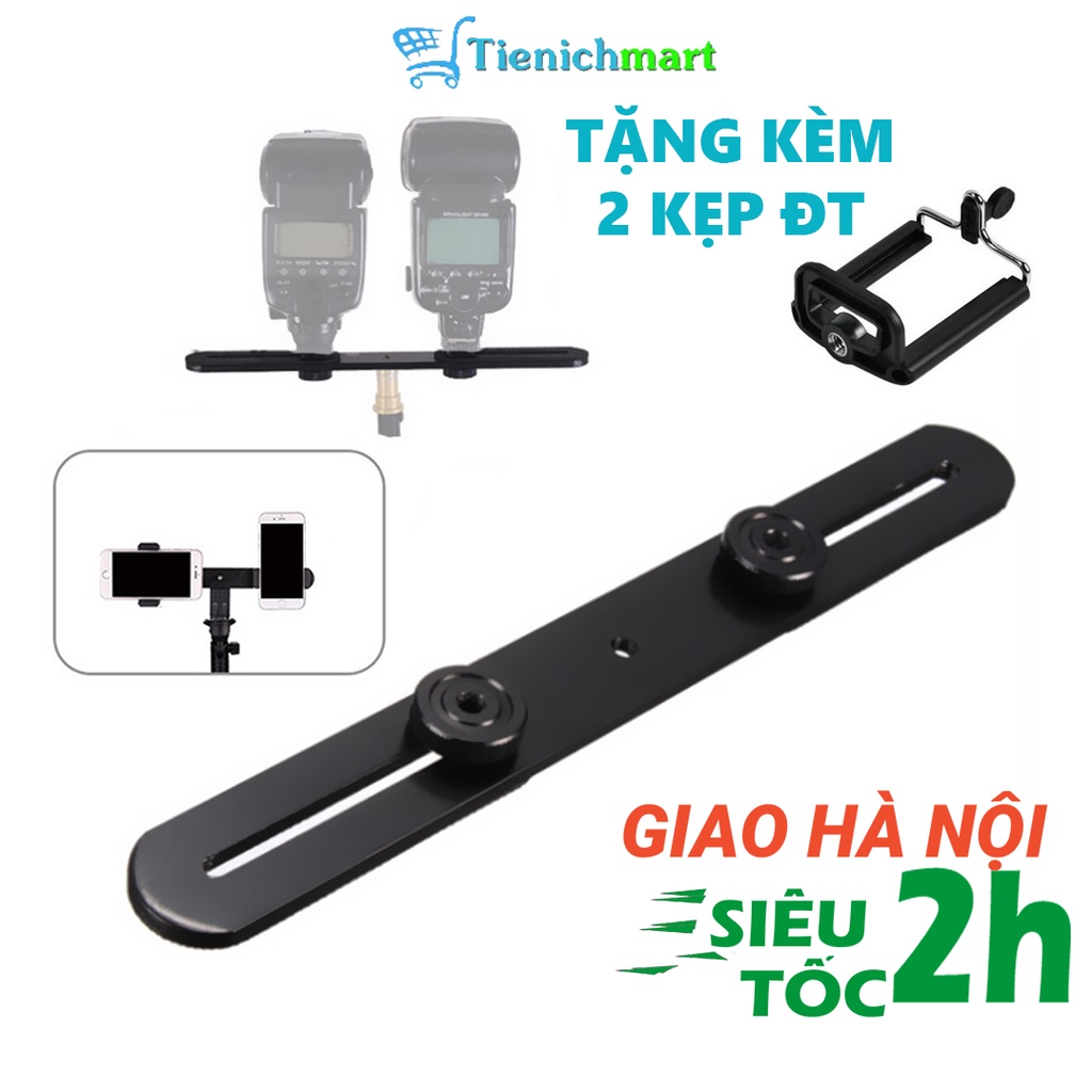 Thanh nhôm gắn 2 điện thoại máy ảnh vào chân tripod ren chuẩn 1/4 inch (6mm) - Tặng 2 kẹp