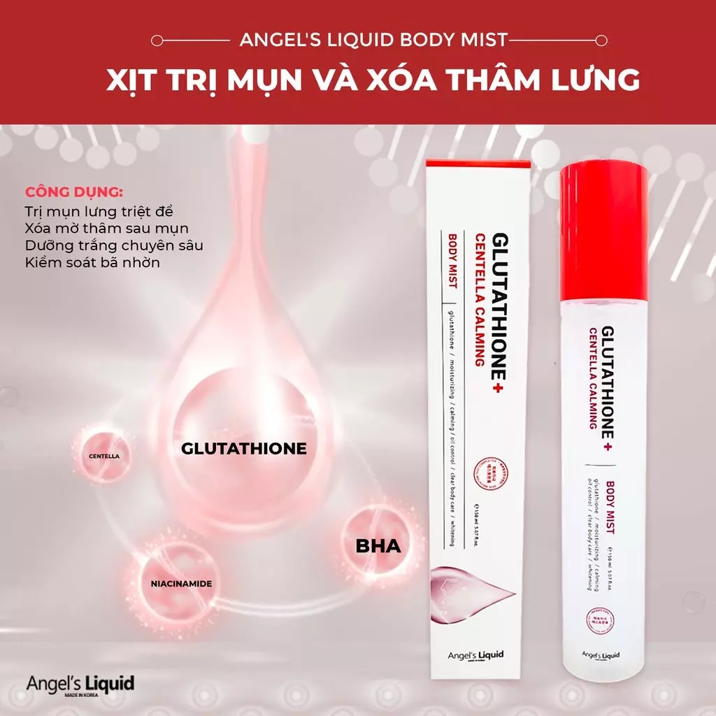 Xịt giảm mụn lưng Angel's Liquid Glutathione Plus Centella Calming Body Mist 150ml dưỡng sáng cơ thể