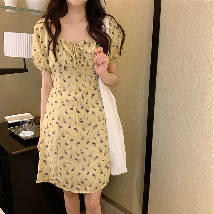 Đầm dáng chữ A cổ vuông ôm eo in họa tiết hoa nhí xinh xắn thời trang hè cho nữ