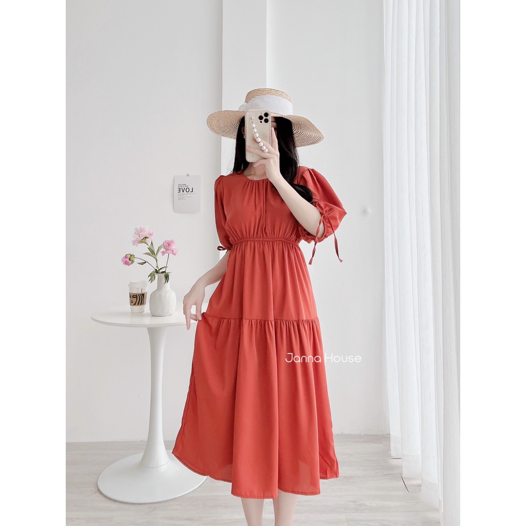 - Váy nữ cổ tròn vải tơ mềm cộc tay dáng xoè dài tiểu thư ulzzang - M58 - jannahouse