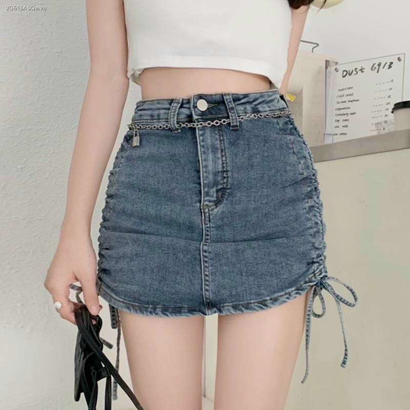 Chân váy jean nữ trơn lưng cao rút dây 2 bên hông sexy ly