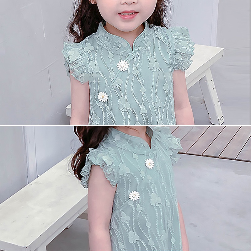 Đầm Sườn Xám Phối Ren Xinh Xắn Cho Bé Gái