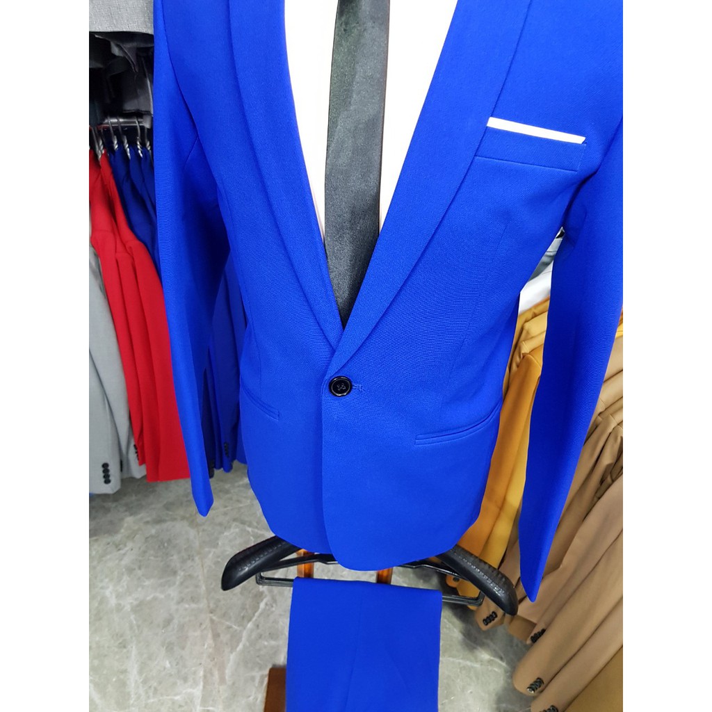 Bộ vest nam 1 nút form ôm màu xanh bích + cà vạt nơ đen