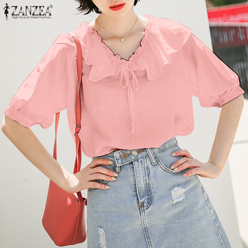 Áo Kiểu Cổ Chữ V Tay Lỡ Phối Bèo Thời Trang Cho Nữ ZANZEA