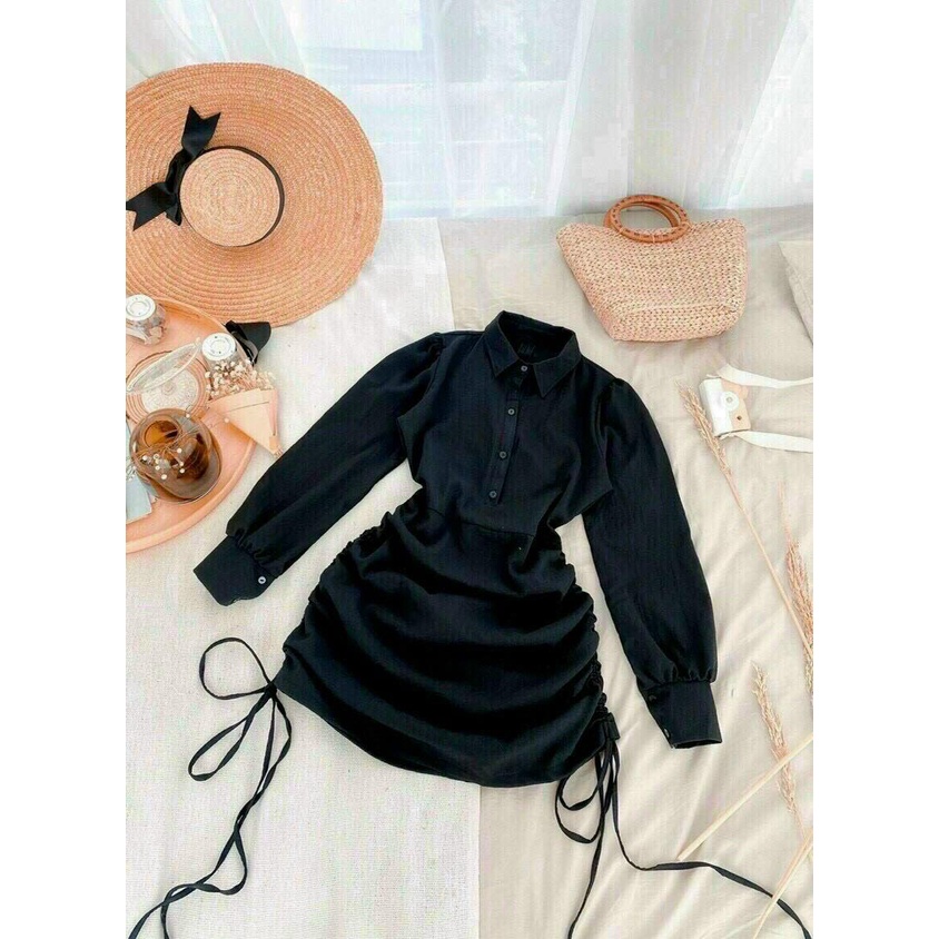 Đầm Nữ ⚡𝙎𝙄𝙀̂𝙐 𝙎𝘼𝙇𝙀⚡ Đầm Body Tay Dài Rút Dây Cổ Sơ mi Cài Nút Thật Thời Trang - 78055