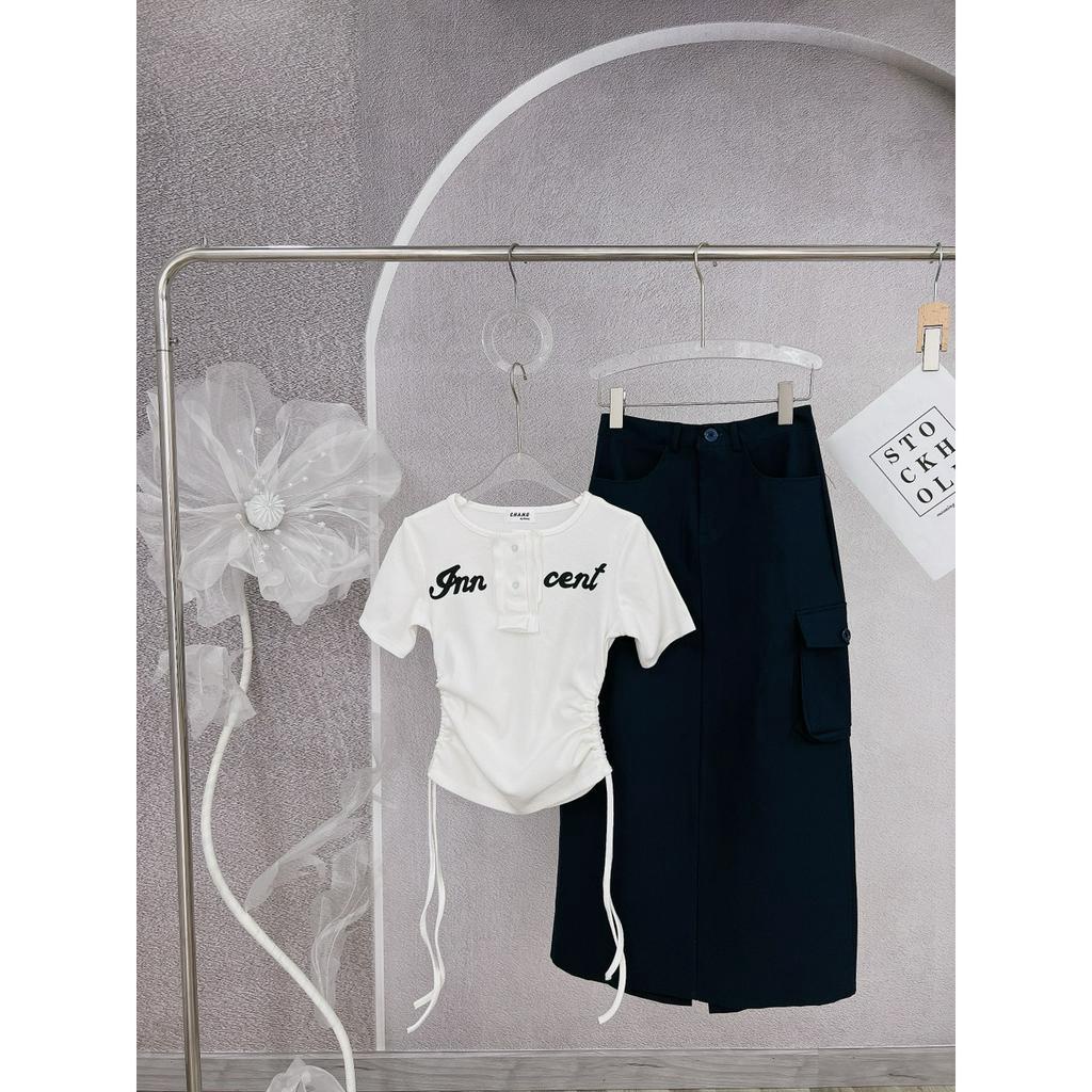 SET ÁO CROPTOP CỔ V XẺ RÚT DÂY CHỮ + CHÂN VÁY XANH MỰC TÚI HỘP (TH)