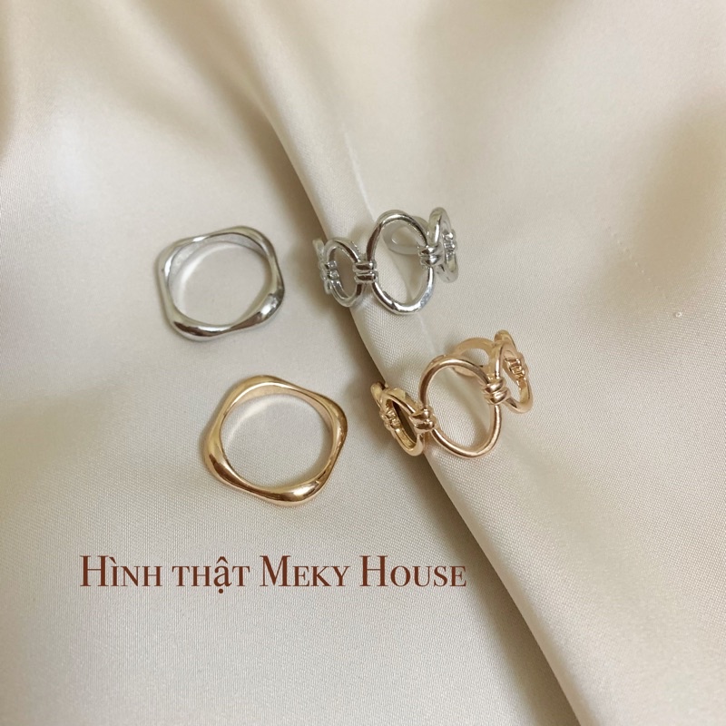 (Kèm hình thật) Set nhẫn nữ đeo tay 2 chiếc dáng lượn sóng và mắt xích cách điệu phong cách Hàn Quốc