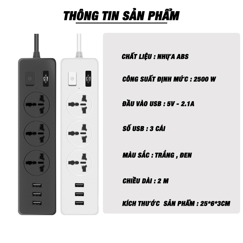 Ổ Cắm Điện Đa Năng Shopehouse 3 Cổng USB Xạc Nhanh 5V-2.1A Công Suất Định Mức 2500W Vật Liệu Chống Cháy Dây Nối Dài 2M