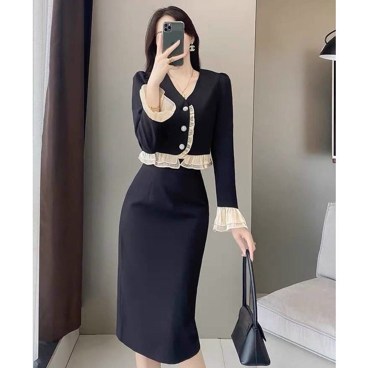 Sét Bộ Đồ Nữ Áo Dài Tay Phối Viền Bèo Voan Cài Nút Thật & Chân Váy Dài Thiết Kế Sang Chảnh Đi Làm Công Sở, Dạ Hội