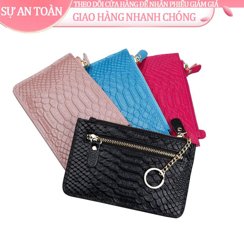 ✤Ví nữ thời trang da bò lớp đầu tiên, mắt xích, họa tiết rắn siêu mỏng, đựng tiền xu khóa dây kéo đôi, bán hàng trực tiế
