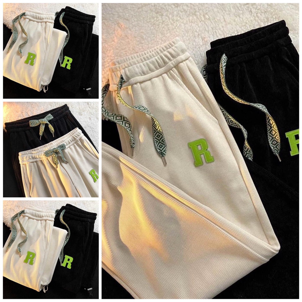 Quần thể thao Logo R bo gấu Unisex Nam Nữ kiểu dáng Hàn Quốc chất thun tăm lạnh dày dặn