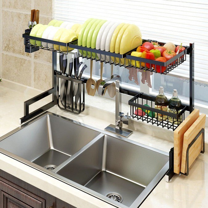 Kệ Để Bát Đĩa Đa Năng Thông Minh - 1 TẦNG - Giá Để Đồ Chén Đĩa Trên Bồn Rửa Bát Thép Carbon Sơn Đen Cao Cấp