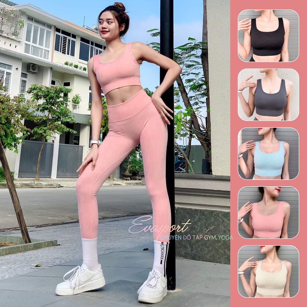 Set Bra Dệt Sọc Quần Dài Cap Cao Tập Gym Thể Thao Yoga Vải Dệt Kim Thấm Hút Mồ Hôi Co Giãn Tốt Phong Cách Thời Trang