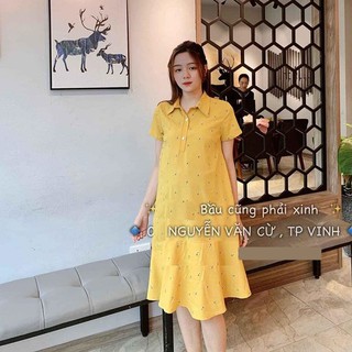 Đầm bầu công sở dáng dài - Váy bầu đẹp kiểu sơ mi đuôi cá Hàn Quốc giá rẻ