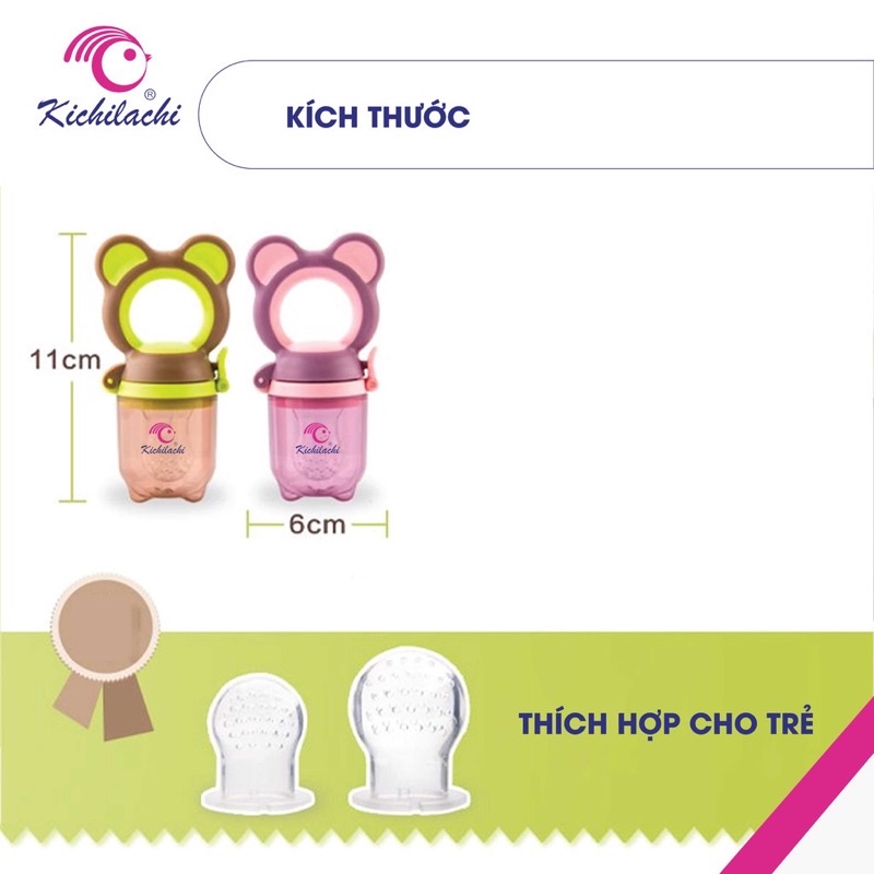 Túi nhai ăn dặm chống hóc kichilachi hình gấu có 3 núm nhai và kẹp xích